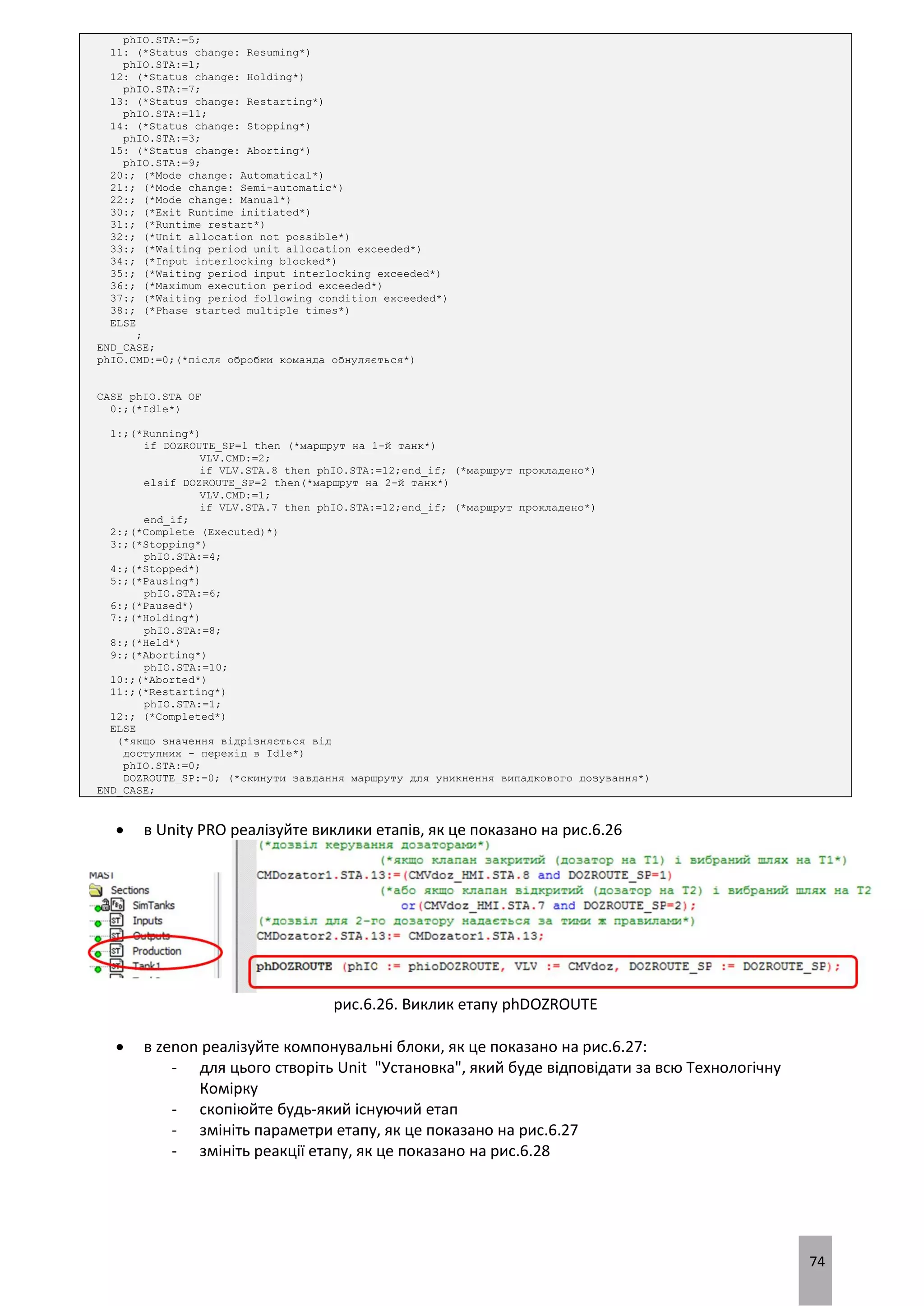 74
phIO.STA:=5;
11: (*Status change: Resuming*)
phIO.STA:=1;
12: (*Status change: Holding*)
phIO.STA:=7;
13: (*Status change: Restarting*)
phIO.STA:=11;
14: (*Status change: Stopping*)
phIO.STA:=3;
15: (*Status change: Aborting*)
phIO.STA:=9;
20:; (*Mode change: Automatical*)
21:; (*Mode change: Semi-automatic*)
22:; (*Mode change: Manual*)
30:; (*Exit Runtime initiated*)
31:; (*Runtime restart*)
32:; (*Unit allocation not possible*)
33:; (*Waiting period unit allocation exceeded*)
34:; (*Input interlocking blocked*)
35:; (*Waiting period input interlocking exceeded*)
36:; (*Maximum execution period exceeded*)
37:; (*Waiting period following condition exceeded*)
38:; (*Phase started multiple times*)
ELSE
;
END_CASE;
phIO.CMD:=0;(*після обробки команда обнуляється*)
CASE phIO.STA OF
0:;(*Idle*)
1:;(*Running*)
if DOZROUTE_SP=1 then (*маршрут на 1-й танк*)
VLV.CMD:=2;
if VLV.STA.8 then phIO.STA:=12;end_if; (*маршрут прокладено*)
elsif DOZROUTE_SP=2 then(*маршрут на 2-й танк*)
VLV.CMD:=1;
if VLV.STA.7 then phIO.STA:=12;end_if; (*маршрут прокладено*)
end_if;
2:;(*Complete (Executed)*)
3:;(*Stopping*)
phIO.STA:=4;
4:;(*Stopped*)
5:;(*Pausing*)
phIO.STA:=6;
6:;(*Paused*)
7:;(*Holding*)
phIO.STA:=8;
8:;(*Held*)
9:;(*Aborting*)
phIO.STA:=10;
10:;(*Aborted*)
11:;(*Restarting*)
phIO.STA:=1;
12:; (*Completed*)
ELSE
(*якщо значення відрізняється від
доступних - перехід в Idle*)
phIO.STA:=0;
DOZROUTE_SP:=0; (*скинути завдання маршруту для уникнення випадкового дозування*)
END_CASE;
 в Unity PRO реалізуйте виклики етапів, як це показано на рис.6.26
рис.6.26. Виклик етапу phDOZROUTE
 в zenon реалізуйте компонувальні блоки, як це показано на рис.6.27:
- для цього створіть Unit "Установка", який буде відповідати за всю Технологічну
Комірку
- скопіюйте будь-який існуючий етап
- змініть параметри етапу, як це показано на рис.6.27
- змініть реакції етапу, як це показано на рис.6.28
 
