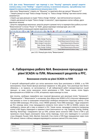 33
3.15. Для етапу "Вивантажити" при переході в стан "Pausing" пропишіть реакції закриття
клапану зливу, в стан "Holding" – закриття клапану, та включення мішалки, при робочому стані
відкриття клапану зливу та відключення мішалки (рис.3.21).
- Для етапу "Вивантажити" створіть тег "Мішалка" та прив’яжіть його до змінної "Мішалка Т1"
- створіть реакції на події "Status change: Pausing" та "Status change: Holding" при яких клапан зливу
закривається
- створіть ще одну реакцію на подію "Status change: Holding" , при якій включається мішалка
- створіть дві реакції на подію "Status change: In execution", одна відкриває клапан набору, друга
відключає мішалку
- запустіть середовище виконання, запустіть рецепт в режимі тесту та перевірте його роботу на етапі
"Вивантаження" в станах "Pause" та "Held", давши відповідні команди (див. рис.3.19)
- перевірте роботу команд для окремо виділених етапів
рис.3.21. Реакції для етапу "Вивантажити".
4. Лабораторна робота №4. Виконання процедур на
рівні SCADA та ПЛК. Можливості рецептів в PFC.
Виконання етапів на рівні SCADA та ПЛК
У минулій лабораторній роботі уся логіка виконання етапу була реалізована в SCADA, а на ПЛК
виконувались тільки базові функції реалізації керування та збір даних. Така реалізація має багато
обмежень і, як правило, не застосовується. У цій лабораторній роботі використовується інший
принцип, за яким логіка виконання етапів реалізована в ПЛК. Таким чином, етапи будуть
функціонувати як в SCADA так і в ПЛК, зв’язуючись через команди та стани.
Для початку, необхідно переробити вже існуючий функціонал для реалізації етапів "Наповнити",
"Перемішувати" і "Вивантажити" в контролері. Для обміну між SCADA та PLC статусною інформацією
про режими та стани та командами синхронізації необхідно використати структурну змінну з 3-ма
полями CMD (команда), STA (статус, стан) і MODE (режим). Поле CMD (команда) – буде направляти
до PLC команду зміни стану процедурного елементу після зміни її в REE (в SCADA), кажучи про
необхідність певних дій в тому ж елементі в PLC. Таким чином, процедурні елементи (наприклад
етапи) в REE будуть переходити в проміжні стани (закінчуються на –ing: Stopping, Pausing, Holding,
Aborting, Restarting) і повідомляти про це ПЛК, шляхом зміни значення CMD. Етапи в ПЛК в цих
проміжних станах будуть виконувати певну логіку переходу, після чого переводити їх в усталені
стани (Stopped, Paused, Held, Aborted, Executed). Стан етапів в ПЛК буде передаватися через поле
STA змінної. Нижче в таблиці наведена відповідність значення змінної STA стану етапу:
Таб.4.1.
STA (Status) Значення Примітка
Idle 0 Очікування (початковий стан)
Running 1 Виконується
Complete (Executed) 2 Виконано, ініціюється в ПЛК.
 