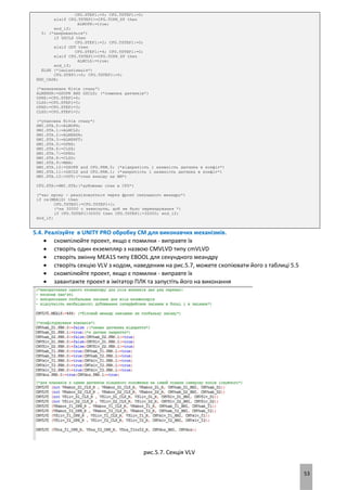 53
CFG.STEP1:=5; CFG.TSTEP1:=0;
elsif CFG.TSTEP1>=CFG.TOPN_SP then
ALMOPN:=true;
end_if;
5: (*закривається*)
if GSCLS then
CFG.STEP1:=2; CFG.TSTEP1:=0;
elsif OUT then
CFG.STEP1:=4; CFG.TSTEP1:=0;
elsif CFG.TSTEP1>=CFG.TOPN_SP then
ALMCLS:=true;
end_if;
ELSE (*інціалізація*)
CFG.STEP1:=0; CFG.TSTEP1:=0;
END_CASE;
(*визначення бітів стану*)
ALMSNSR:=GSOPN AND GSCLS; (*помилка датчиків*)
OPNS:=CFG.STEP1=4;
CLSS:=CFG.STEP1=5;
OPND:=CFG.STEP1=3;
CLSD:=CFG.STEP1=2;
(*упаковка бітів стану*)
HMI.STA.0:=ALMOPN;
HMI.STA.1:=ALMCLS;
HMI.STA.2:=ALMSNSR;
HMI.STA.3:=ALMSHFT;
HMI.STA.5:=OPNS;
HMI.STA.6:=CLSS;
HMI.STA.7:=OPND;
HMI.STA.8:=CLSD;
HMI.STA.9:=MAN;
HMI.STA.10:=GSOPN and CFG.PRM.0; (*відкритість і наявність датчика в конфіг*)
HMI.STA.11:=GSCLS and CFG.PRM.1; (*закритість і наявність датчика в конфіг*)
HMI.STA.12:=OUT;(*стан виходу на ВМ*)
CFG.STA:=HMI.STA;(*дублюємо стан в CFG*)
(*час кроку - реалізовується через фронт секундного меандру*)
if re(MEA1S) then
CFG.TSTEP1:=CFG.TSTEP1+1;
(*на 30000 с зависнути, щоб не було перекидування *)
if CFG.TSTEP1>30000 then CFG.TSTEP1:=30000; end_if;
end_if;
5.4. Реалізуйте в UNITY PRO обробку CM для виконавчих механізмів.
 скомпілюйте проект, якщо є помилки - виправте їх
 створіть один екземпляр з назвою CMVLVD типу cmVLVD
 створіть змінну MEA1S типу EBOOL для секундного меандру
 створіть секцію VLV з кодом, наведеним на рис.5.7, можете скопіювати його з таблиці 5.5
 скомпілюйте проект, якщо є помилки - виправте їх
 завантажте проект в імітатор ПЛК та запустіть його на виконання
рис.5.7. Секція VLV
 