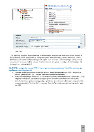 55
рис.5.8.а
Стан клапану повинен відображатися на мнемосхемі комбінацією кольорів та/або тексту. У
лабораторній роботі пропонується використовувати для цього заздалегідь створений символ.
Для керування клапаном також створений екран, який повинен викликатися при натисканні на
зображення символу. Тобто символ та сторінка вже створені, необхідно їх імпортувати та
використати в своєму проекті.
5.6. В SCADA імпортуйте символ VLVD та екран для керування клапаном. Розмістіть символи для
відображення станів клапанів.
 в контекстному меню редактору zenon Screens виберіть команду Import XML і імпортуйте
символ "Сивмол VLVD.XML" і екран "Вікно керування клапаном.XML ".
 Розмістіть символи (як лінковані) на місцях зображення клапанів сторінки "Екран Batch", старі
зображення видаліть. За необхідності розверніть символи на 90° та змініть їх масштаб.
 Замініть прив’язки до змінних відповідно до призначення символу. Для цього скористайтеся
вкладкою символу "Linking rule" та кнопкою "Preview" для перевірки результату заміни (див
рис.5.9.)
 