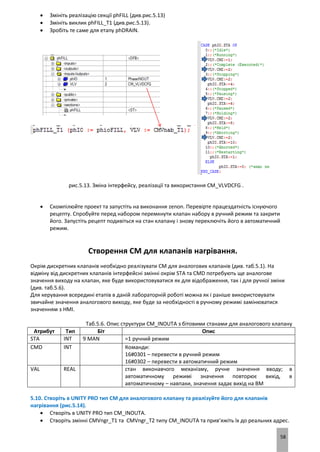 58
 Змініть реалізацію секції phFILL (див.рис.5.13)
 Змініть виклик phFILL_T1 (див.рис.5.13).
 Зробіть те саме для етапу phDRAIN.
рис.5.13. Зміна інтерфейсу, реалізації та використання CM_VLVDCFG .
 Скомпілюйте проект та запустіть на виконання zenon. Перевірте працездатність існуючого
рецепту. Спробуйте перед набором перемкнути клапан набору в ручний режим та закрити
його. Запустіть рецепт подивіться на стан клапану і знову переключіть його в автоматичний
режим.
Створення CM для клапанів нагрівання.
Окрім дискретних клапанів необхідно реалізувати CM для аналогових клапанів (див. таб.5.1). На
відміну від дискретних клапанів інтерфейсні змінні окрім STA та CMD потребують ще аналогове
значення виходу на клапан, яке буде використовуватися як для відображення, так і для ручної зміни
(див. таб.5.6).
Для керування всередині етапів в даній лабораторній роботі можна як і раніше використовувати
звичайне значення аналогового виходу, яке буде за необхідності в ручному режимі замінюватися
значенням з HMI.
Таб.5.6. Опис структури CM_INOUTA з бітовими станами для аналогового клапану
Атрибут Тип Біт Опис
STA INT 9 MAN =1 ручний режим
CMD INT Команди:
16#0301 – перевести в ручний режим
16#0302 – перевести в автоматичний режим
VAL REAL стан виконавчого механізму, ручне значення вводу; в
автоматичному режимі значення повторює вихід, в
автоматичному – навпаки, значення задає вихід на ВМ
5.10. Створіть в UNITY PRO тип CM для аналогового клапану та реалізуйте його для клапанів
нагрівання (рис.5.14).
 Створіть в UNITY PRO тип CM_INOUTA.
 Створіть змінні CMVngr_T1 та CMVngr_T2 типу CM_INOUTA та прив’яжіть їх до реальних адрес.
 