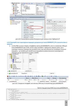 73
рис.6.24. Налаштування умови блокування для запуску етапу "Добавити А"
6.14. Реалізуйте етап прокладення маршруту дозування до танків DOZROUTE_SP та включіть його в
рецепти.
 в Unity PRO та zenon створіть інтерфейсну змінну phioDOZROUTE, типи та екземпляр DFB для
етапу phDOZROUTE (рис.6.24); лістинг коду скопіюйте з таблиці 6.4; зверніть увагу, що в
командах з'явилася команда при активації етапу, при якій обнуляється попереднє значення
маршруту – це потрібно для запобігання спрацювання умови виконання прокладеності
маршруту ще до присвоєння уставки з SCADA
рис.6.25. Створення інтерфейс них змінних, DFB-типу та екземпляру для phDOZROUTE
Таб.6.4. Код для секції DFB-типу етапу phDOZROUTE
CASE phIO.CMD OF
1:;(*Phase started*)
phIO.STA:=1;
2:;(*Finished writing command tags*)
3: (*Phase finished: Phase done condition fulfilled and Minimum execution duration reached (if engineered)*)
phIO.STA:=3;
4: (*Phase deactivated*)
phIO.STA:=0;
5: (*Phase activated*)
DOZROUTE_SP:=0;
10: (*Status change: Pausing*)
 
