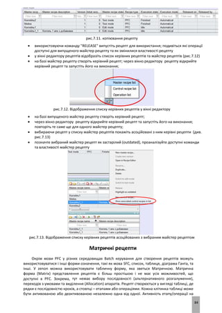 84
рис.7.11. копіювання рецепту
 використовуючи команду "RELEASE" випустіть рецепт для використання; подивіться які операції
доступні для випущеного майстер рецепту та як змінилися властивості рецепту
 у вікні редактору рецептів відобразіть список керівних рецептів та майстер рецептів (рис.7.12)
 на базі майстер рецепту створіть керівний рецепт; через вікно редактору рецепту відкрийте
керівний рецепт та запустіть його на виконання;
рис.7.12. Відображення списку керівних рецептів у вікні редактору
 на базі випущеного майстер рецепту створіть керівний рецепт;
 через вікно редактору рецепту відкрийте керівний рецепт та запустіть його на виконання;
повторіть те саме ще для одного майстер рецепту;
 вибираючи рецепт у списку майстер рецептів покажіть асоційовані з ним керівні рецепти (див.
рис.7.13)
 позначте вибраний майстер рецепт як застарілий (outdated), проаналізуйте доступні команди
та властивості майстер рецепту
рис.7.13. Відображення списку керівних рецептів асоційованих з вибраним майстер рецептом
Матричні рецепти
Окрім мови PFC у різних середовищах Batch керування для створення рецептів можуть
використовуватися і інші форми означення, такі як мова SFC, список, таблиця, діаграма Ганта, та
інші. У zenon можна використовувати табличну форму, яка зветься Матричною. Матрична
форма (Matrix) представлення рецептів є більш простішою і не має усіх можливостей, що
доступні в PFC. Зокрема, тут немає вибору послідовності (альтернативного розгалуження),
переходів з умовами та виділення (Allocation) апаратів. Рецепт створюється у вигляді таблиці, де
рядки є послідовністю кроків, а стовпці – етапами або операціями. Кожна клітинка таблиці може
бути активованою або деактивованою незалежно одна від одної. Активність етапу/операції на
 