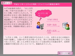 参考として
        平成２１年１２月４日判決（ジェイコムの誤発注事件）

 みずほ証券担当者が、 「６１万円
 １株」の売り注文を誤って「１円
 ６１万株」の売りと入力した。午    61万円１株
 前９時２９分２１秒に取消注文を    売
 入力し、その後も数次入力したが、
 東証側のシステムの不具合により、        1円61万株売
 注文が通らず、みずほ証券は、午
 前９時３５分３３秒以降９時３７         9:29～取消
 分０８秒、同銘柄の買戻しを行っ
 た。
                         9:37～反対
                         売買

 「１円６１万株」という異常な取引がなされたことを、９時３０分には東証の
 内部で認識し、大量の売り注文が残ったまま、刻々と約定数が増えていく状況
 であったのに、遅くとも９時３５分になっても取引停止の決裁を得ず、売買停
 止権限の行使を怠ったことについて、重過失ありとした。




                                   次ページに続く
 