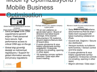 Mobil İş Optimizasyonu /
             Mobile Business
             Optimisation
                                               Package delivery and logistics company    Women’s health-focused medical devices
   Global healthcare technology & services
                                                           Lojistik Şirketi                            company
                  company/
                                                                                                 Medikal Cihaz Şirketi
                                                                                         Satış ekibi en son pazarlama
  Global Sağlık Sektörü Teknoloji Sağlayıcı    YK en son yükleme ve
   Saha personeli kritik CRM
                    Şirket                      gecikmeleri görür / Board of                dokumanlarına iPad ile erişir /
          uygulamasına güvenli                  directors has latest board                  Sales team equipped with
          erişimi / Field personnel             package, time-expired                       latest marketing collateral on
          have secure, high                    Dokumanların YK üyelerine                   iPads
                                                güvenli dağıtımı/Secure distr.             Güvenli dok. Dağıtımı / Secure
          performance access to                 of board docs                               doc distribution
          critical CRM app on-the-go           E-posta gönderme & veya
                                                başka uygulamada açmayı                    Versiyon kontrolu ve kullanım
   Global bilgi güvenliği                      engelleme / Enterprise                      tarihi kontrolu / Version control
    desteği ve mahremiyet                       controls (no emailing, opening              and time expiry
    regülasyonu / Support for                   in other apps)                             E-posta gönderme & veya
    global information security                YK toplantısı sonrası verilerin             başka uygulamada açmayı
                                                silinmesi / Data wipe after                 engelleme / Enterprise controls
    and privacy regulations                     board meeting                               (no emailing, opening in other
                                                                                            apps)
                                                                                           Bilginin silinmesi / Data wipe /


© 2012 Zenprise, Inc. All rights reserved.                                                                                        14
 