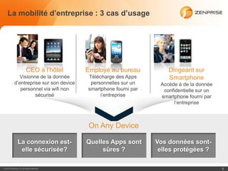 La mobilité d’entreprise : 3 cas d’usage




                           CEO à l’hôtel     Employé au bureau           Dirigeant sur
              Visionne de la donnée          Télécharge des Apps         Smartphone
            d’entreprise sur son device       personnelles sur un     Accède à de la donnée
               personnel via wifi non        smartphone fourni par     confidentielle sur un
                      sécurisé                    l’entreprise        smartphone fourni par
                                                                           l’entreprise



                                             On Any Device

                La connexion est-            Quelles Apps sont       Vos données sont-
                 elle sécurisée?                  sûres ?             elles protégées ?

© 2012 Zenprise, Inc. All rights reserved.                                                     2
 