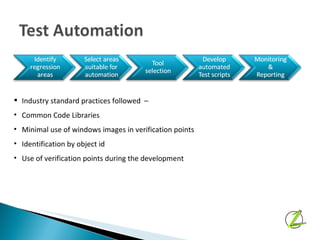 Industry standard practices followed  – Common Code Libraries Minimal use of windows images in verification points Identification by object id Use of verification points during the development 