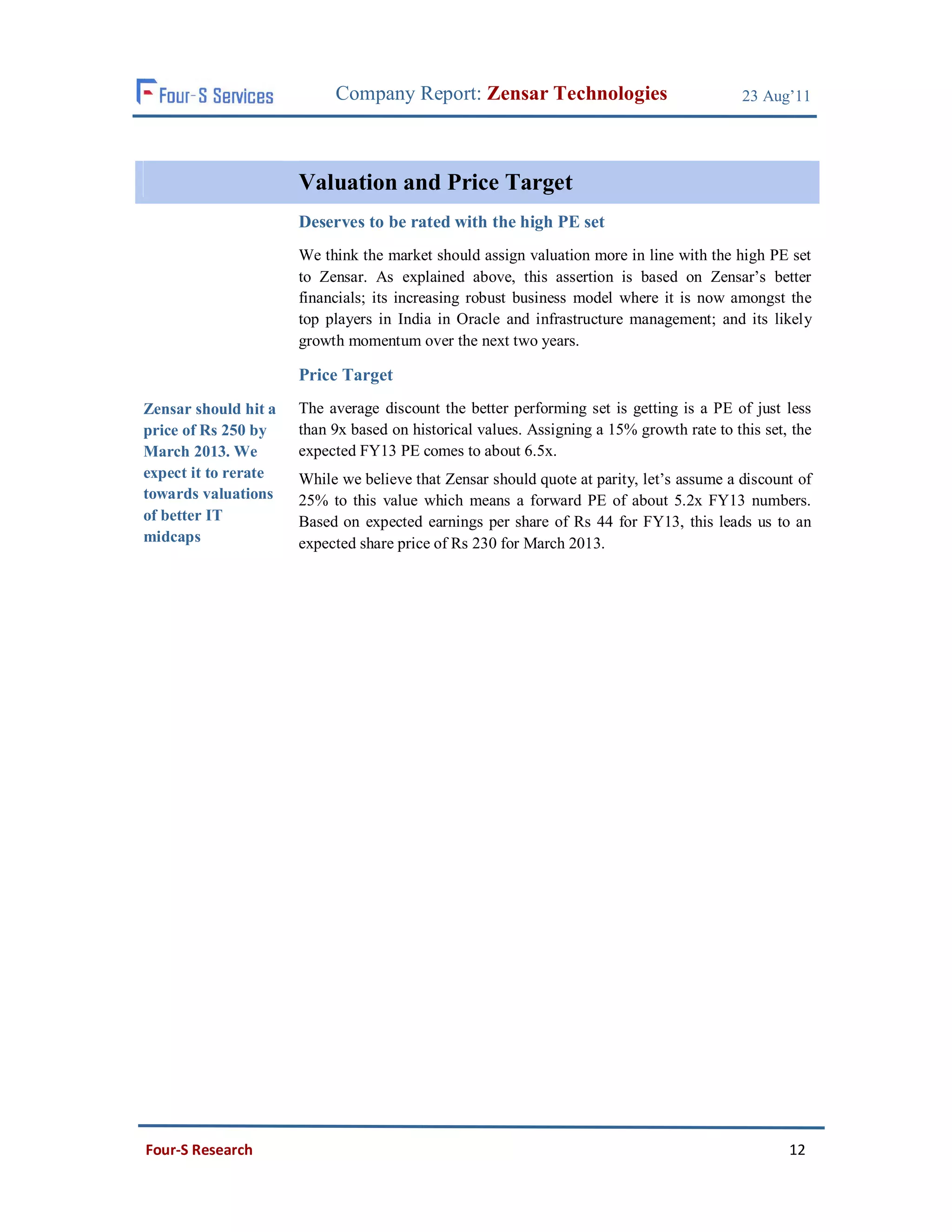 Company Report: Zensar Technologies                             23 Aug’11




                      Valuation and Price Target
                      Deserves to be rated with the high PE set
                      We think the market should assign valuation more in line with the high PE set
                      to Zensar. As explained above, this assertion is based on Zensar’s better
                      financials; its increasing robust business model where it is now amongst the
                      top players in India in Oracle and infrastructure management; and its likely
                      growth momentum over the next two years.

                      Price Target
Zensar should hit a   The average discount the better performing set is getting is a PE of just less
price of Rs 250 by    than 9x based on historical values. Assigning a 15% growth rate to this set, the
March 2013. We        expected FY13 PE comes to about 6.5x.
expect it to rerate   While we believe that Zensar should quote at parity, let’s assume a discount of
towards valuations    25% to this value which means a forward PE of about 5.2x FY13 numbers.
of better IT          Based on expected earnings per share of Rs 44 for FY13, this leads us to an
midcaps               expected share price of Rs 230 for March 2013.




Four-S Research                                                                                   12
 