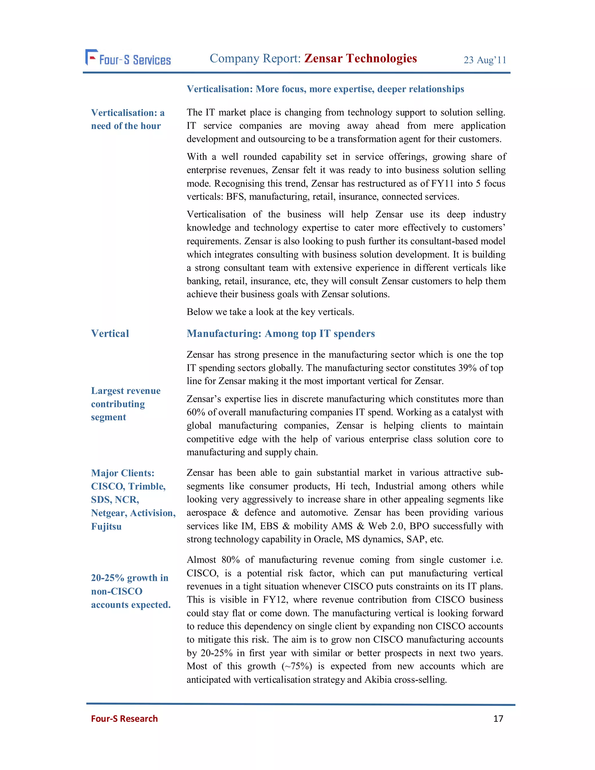 Company Report: Zensar Technologies                             23 Aug’11

                       Verticalisation: More focus, more expertise, deeper relationships

Verticalisation: a     The IT market place is changing from technology support to solution selling.
need of the hour       IT service companies are moving away ahead from mere application
                       development and outsourcing to be a transformation agent for their customers.
                       With a well rounded capability set in service offerings, growing share of
                       enterprise revenues, Zensar felt it was ready to into business solution selling
                       mode. Recognising this trend, Zensar has restructured as of FY11 into 5 focus
                       verticals: BFS, manufacturing, retail, insurance, connected services.
                       Verticalisation of the business will help Zensar use its deep industry
                       knowledge and technology expertise to cater more effectively to customers’
                       requirements. Zensar is also looking to push further its consultant-based model
                       which integrates consulting with business solution development. It is building
                       a strong consultant team with extensive experience in different verticals like
                       banking, retail, insurance, etc, they will consult Zensar customers to help them
                       achieve their business goals with Zensar solutions.
                       Below we take a look at the key verticals.

Vertical               Manufacturing: Among top IT spenders
                       Zensar has strong presence in the manufacturing sector which is one the top
                       IT spending sectors globally. The manufacturing sector constitutes 39% of top
                       line for Zensar making it the most important vertical for Zensar.
Largest revenue
                       Zensar’s expertise lies in discrete manufacturing which constitutes more than
contributing
segment                60% of overall manufacturing companies IT spend. Working as a catalyst with
                       global manufacturing companies, Zensar is helping clients to maintain
                       competitive edge with the help of various enterprise class solution core to
                       manufacturing and supply chain.

Major Clients:         Zensar has been able to gain substantial market in various attractive sub-
CISCO, Trimble,        segments like consumer products, Hi tech, Industrial among others while
SDS, NCR,              looking very aggressively to increase share in other appealing segments like
Netgear, Activision,   aerospace & defence and automotive. Zensar has been providing various
Fujitsu                services like IM, EBS & mobility AMS & Web 2.0, BPO successfully with
                       strong technology capability in Oracle, MS dynamics, SAP, etc.

                       Almost 80% of manufacturing revenue coming from single customer i.e.
20-25% growth in       CISCO, is a potential risk factor, which can put manufacturing vertical
                       revenues in a tight situation whenever CISCO puts constraints on its IT plans.
non-CISCO
                       This is visible in FY12, where revenue contribution from CISCO business
accounts expected.
                       could stay flat or come down. The manufacturing vertical is looking forward
                       to reduce this dependency on single client by expanding non CISCO accounts
                       to mitigate this risk. The aim is to grow non CISCO manufacturing accounts
                       by 20-25% in first year with similar or better prospects in next two years.
                       Most of this growth (~75%) is expected from new accounts which are
                       anticipated with verticalisation strategy and Akibia cross-selling.


Four-S Research                                                                                    17
 