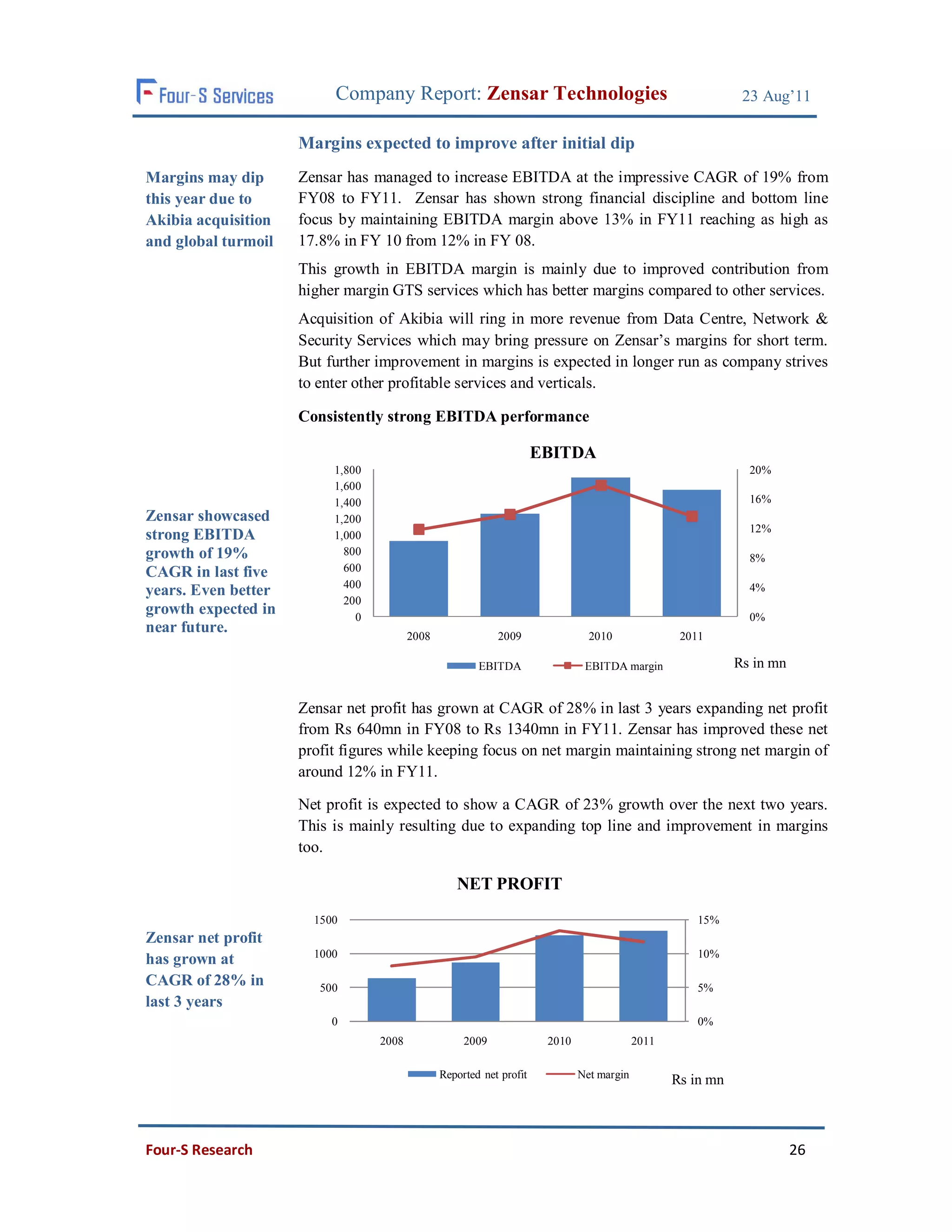 Company Report: Zensar Technologies                                                 23 Aug’11

                     Margins expected to improve after initial dip
Margins may dip      Zensar has managed to increase EBITDA at the impressive CAGR of 19% from
this year due to     FY08 to FY11. Zensar has shown strong financial discipline and bottom line
Akibia acquisition   focus by maintaining EBITDA margin above 13% in FY11 reaching as high as
and global turmoil   17.8% in FY 10 from 12% in FY 08.
                     This growth in EBITDA margin is mainly due to improved contribution from
                     higher margin GTS services which has better margins compared to other services.
                     Acquisition of Akibia will ring in more revenue from Data Centre, Network &
                     Security Services which may bring pressure on Zensar’s margins for short term.
                     But further improvement in margins is expected in longer run as company strives
                     to enter other profitable services and verticals.

                     Consistently strong EBITDA performance

                                                                      EBITDA
                          1,800                                                                                20%
                          1,600
                          1,400                                                                                16%
Zensar showcased          1,200
                                                                                                               12%
strong EBITDA             1,000
growth of 19%               800
                                                                                                               8%
CAGR in last five           600
                            400                                                                                4%
years. Even better
                            200
growth expected in            0                                                                                0%
near future.                             2008               2009                2010               2011

                                                        EBITDA                 EBITDA margin                 Rs in mn


                     Zensar net profit has grown at CAGR of 28% in last 3 years expanding net profit
                     from Rs 640mn in FY08 to Rs 1340mn in FY11. Zensar has improved these net
                     profit figures while keeping focus on net margin maintaining strong net margin of
                     around 12% in FY11.

                     Net profit is expected to show a CAGR of 23% growth over the next two years.
                     This is mainly resulting due to expanding top line and improvement in margins
                     too.

                                                   NET PROFIT
                       1500                                                                           15%
Zensar net profit
                       1000                                                                           10%
has grown at
CAGR of 28% in          500                                                                           5%
last 3 years
                          0                                                                           0%
                                  2008               2009              2010                2011

                                                Reported net profit           Net margin
                                                                                                  Rs in mn



Four-S Research                                                                                                         26
 
