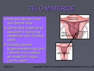 04/23/14 copyright 2006 Free template from brainybetty.com ALL RIG7
TELO MATERICETELO MATERICE
► Ima dve strane I imaIma dve strane I ima
dve bocne ivicedve bocne ivice
► Gornji deo materice jeGornji deo materice je
ispupcen I naziva seispupcen I naziva se
matericno dno (fundusmatericno dno (fundus
uteri)uteri)
► Izmedju bocnihIzmedju bocnih
krajevamatericnog dnakrajevamatericnog dna
I bocnih ivica nalazeI bocnih ivica nalaze
se matericni rogovise matericni rogovi
(cornu uteri)(cornu uteri)
TELO
MATERICE
MATERICNO DNO
(FUNDUS UTERI)
MATERICNI
ROGOVI
(CORNU
UTERI
MATERICA
 