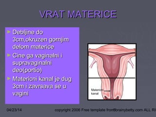 04/23/14 copyright 2006 Free template from brainybetty.com ALL RIG8
VRAT MATERICEVRAT MATERICE
► Debljine doDebljine do
3cm,okruzen gornjim3cm,okruzen gornjim
delom matericedelom materice
► Cine ga vaginalni iCine ga vaginalni i
supravaginalnisupravaginalni
deo(portio)deo(portio)
► Matericni kanal je dugMatericni kanal je dug
3cm i zavrsava se u3cm i zavrsava se u
vaginivagini
Matericni
kanal
TELO
VRAT
 