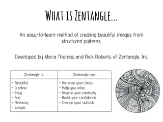 What is Zentangle...
An easy-to-learn method of creating beautiful images from
structured patterns.
Developed by Maria Thomas and Rick Roberts of Zentangle, Inc.
Zentangle is:
- Beautiful
- Creative
- Easy
- Fun
- Relaxing
- Simple

Zentangle can:
- Increase your focus
- Help you relax
- Inspire your creativity
- Build your confidence
- Change your outlook

 
