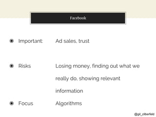 @gil_zilberfeld
◉ Important:
◉ Risks
◉ Focus
Ad sales, trust
Losing money, finding out what we
really do, showing relevant
information
Algorithms
Facebook
 