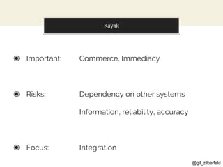 @gil_zilberfeld
◉ Important:
◉ Risks:
◉ Focus:
Commerce, Immediacy
Dependency on other systems
Information, reliability, accuracy
Integration
Kayak
 