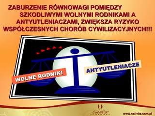 ZABURZENIE RÓWNOWAGI POMIĘDZYZABURZENIE RÓWNOWAGI POMIĘDZY
SZKODLIWYMI WOLNYMI RODNIKAMI ASZKODLIWYMI WOLNYMI RODNIKAMI A
ANTYUTLENIACZAMI, ZWIĘKSZA RYZYKOANTYUTLENIACZAMI, ZWIĘKSZA RYZYKO
WSPÓŁCZESNYCH CHORÓB CYWILIZACYJNYCH!!!WSPÓŁCZESNYCH CHORÓB CYWILIZACYJNYCH!!!
WOLNE RODNIKI
WOLNE RODNIKI ANTYUTLENIACZE
ANTYUTLENIACZE
www.calivita.com.plwww.calivita.com.pl
 