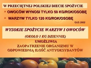 ZAOPATRZENIE ORGANIZMU WZAOPATRZENIE ORGANIZMU W
ODPOWIEDNIĄ ILOŚĆ ANTYOKSYDANTÓWODPOWIEDNIĄ ILOŚĆ ANTYOKSYDANTÓW
UMOŻLIWIAUMOŻLIWIA
W PRZECIĘTNEJ POLSKIEJ DIECIE SPOŻYCIEW PRZECIĘTNEJ POLSKIEJ DIECIE SPOŻYCIE
 OWOCÓW WYNOSIOWOCÓW WYNOSI TYLKO 50 KGTYLKO 50 KG/ROK/OSOBĘ/ROK/OSOBĘ
 WARZYWWARZYW TYLKO 120 KGTYLKO 120 KG/ROK/OSOBĘ/ROK/OSOBĘ
GUSGUS 20022002
WYSOKIE SPOŻYCIE WARZYW I OWOCÓWWYSOKIE SPOŻYCIE WARZYW I OWOCÓW
(OKOŁO 1 KG DZIENNIE)(OKOŁO 1 KG DZIENNIE)
 