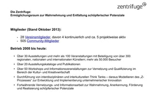Die Zentrifuge:
Ermöglichungsraum zur Wahrnehmung und Entfaltung schöpferischer Potenziale
Mitglieder (Stand Oktober 2013)...