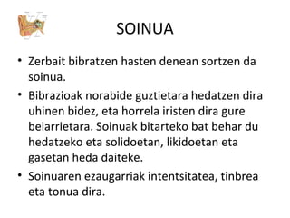 SOINUA
• Zerbait bibratzen hasten denean sortzen da
soinua.
• Bibrazioak norabide guztietara hedatzen dira
uhinen bidez, eta horrela iristen dira gure
belarrietara. Soinuak bitarteko bat behar du
hedatzeko eta solidoetan, likidoetan eta
gasetan heda daiteke.
• Soinuaren ezaugarriak intentsitatea, tinbrea
eta tonua dira.
 