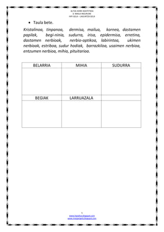 ALTZA HERRI IKASTETXEA
                            6. MAILA INGURUNE
                        HIPI GELA – LAGUNTZA GELA


   Taula bete.
Kristalinoa, tinpanoa, dermisa, mailua, kornea, dastamen
papilak,     begi-ninia, sudurra, irisa, epidermisa, erretina,
dastamen nerbioak,        nerbio-optikoa, labirintoa,   ukimen
nerbioak, estriboa, sudur hodiak, barrazkiloa, usaimen nerbioa,
entzumen nerbioa, mihia, pituitarioa.


     BELARRIA                 MIHIA                   SUDURRA




      BEGIAK            LARRUAZALA




                                    5
                        www.hipialtza.blogspot.com
                       www.margarigela.blogspot.com
 