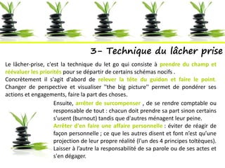 3- Technique du lâcher prise
Ensuite, arrêter de surcompenser , de se rendre comptable ou
responsable de tout : chacun doit prendre sa part sinon certains
s'usent (burnout) tandis que d'autres ménagent leur peine.
Arrêter d'en faire une affaire personnelle : éviter de réagir de
façon personnelle ; ce que les autres disent et font n’est qu’une
projection de leur propre réalité (l'un des 4 principes toltèques).
Laisser à l’autre la responsabilité de sa parole ou de ses actes et
s'en dégager.
Le lâcher-prise, c'est la technique du let go qui consiste à prendre du champ et
réévaluer les priorités pour se départir de certains schémas nocifs .
Concrètement il s'agit d'abord de relever la tête du guidon et faire le point.
Changer de perspective et visualiser ''the big picture'' permet de pondérer ses
actions et engagements, faire la part des choses.
 