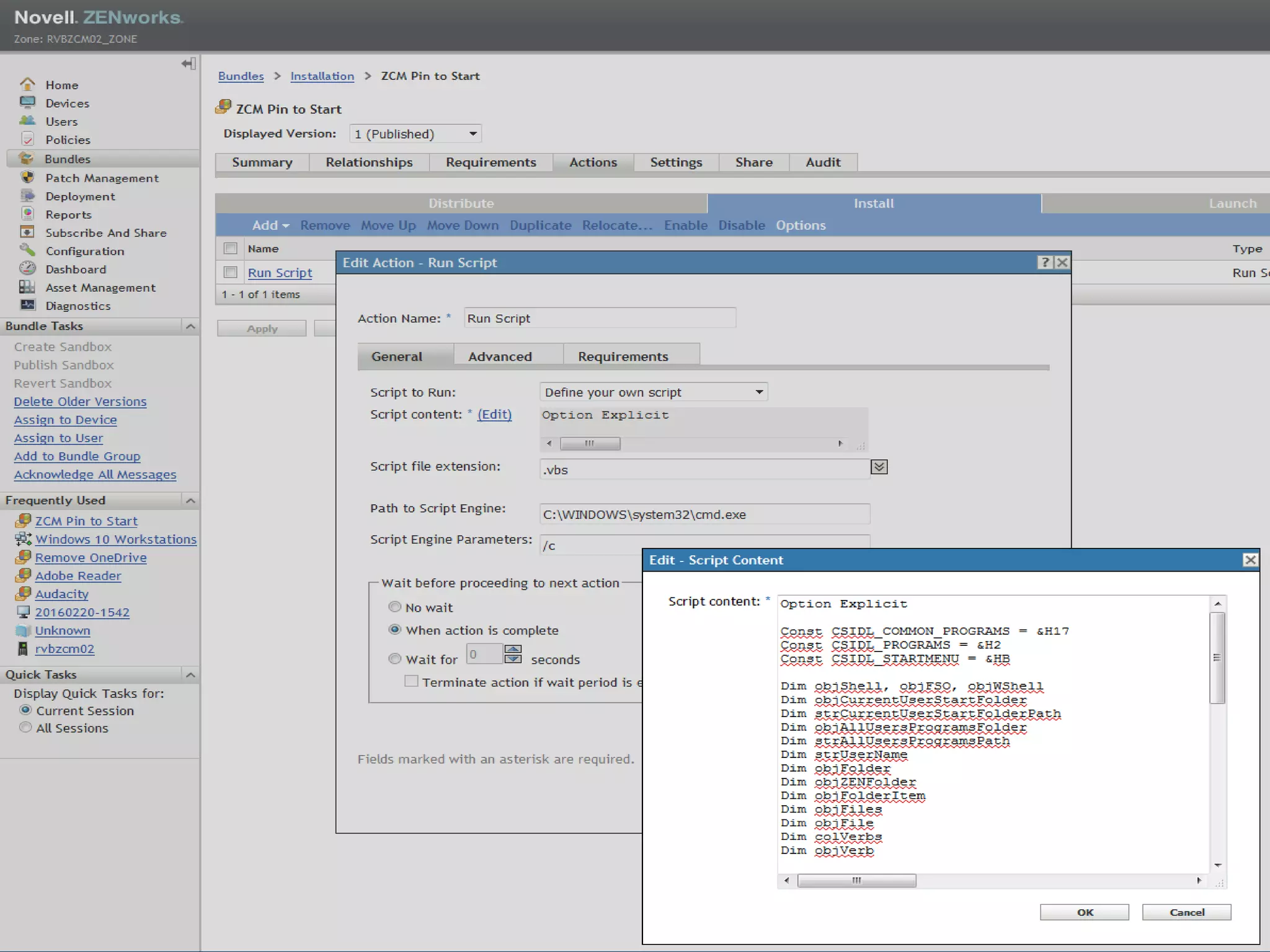 Pin to Start Menu – Using zcm-pinner.vbs
using a Windows bundle
 