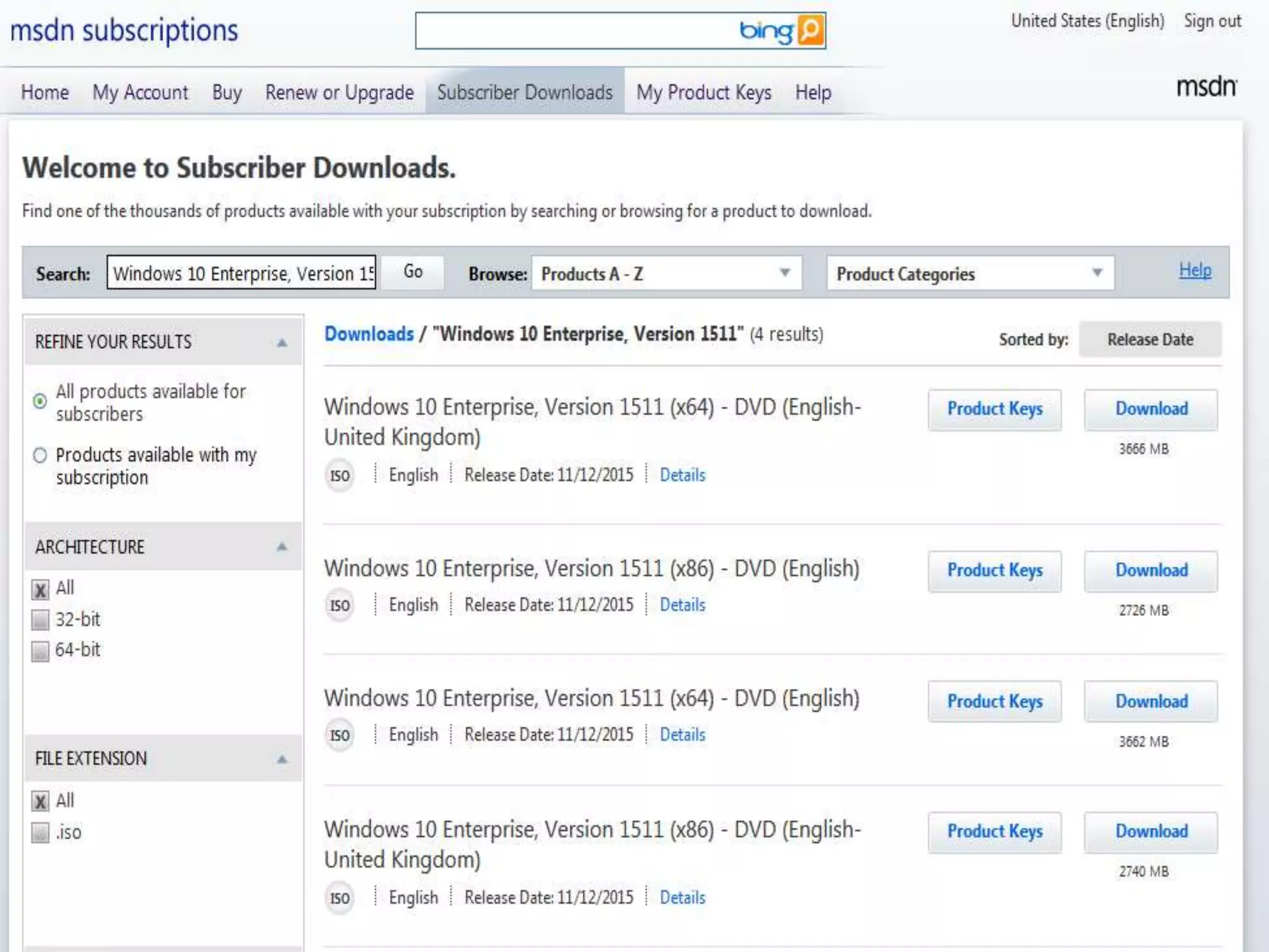 Windows 10 1511 on MSDN
 