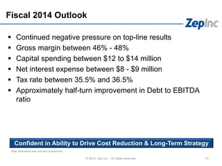 Fiscal 2014 Outlook
 Continued negative pressure on top-line results
 Gross margin between 46% - 48%
 Capital spending between $12 to $14 million
 Net interest expense between $8 - $9 million
 Tax rate between 35.5% and 36.5%
 Approximately half-turn improvement in Debt to EBITDA
ratio
21© 2013 Zep Inc. - All rights reserved.
Note: Represents year-over-year comparisons.
Confident in Ability to Drive Cost Reduction & Long-Term Strategy
 