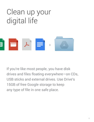 3
If you’re like most people, you have disk
drives and files floating everywhere—on CDs,
USB sticks and external drives. U...