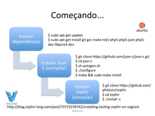 Começando...	
  
Instalar	
  
dependências	
  
Instalar	
  Json-­‐
C	
  (compilar)	
  
Instalar	
  
Zephir	
  
(compilar)	
  
$	
  sudo	
  apt-­‐get	
  update	
  
$	
  sudo	
  apt-­‐get	
  install	
  git	
  gcc	
  make	
  re2c	
  php5	
  php5-­‐json	
  php5-­‐
dev	
  libpcre3-­‐dev	
  
$	
  git	
  clone	
  hYps://github.com/json-­‐c/json-­‐c.git	
  
$	
  cd	
  json-­‐c	
  
$	
  sh	
  autogen.sh	
  
$	
  ./conﬁgure	
  
$	
  make	
  &&	
  sudo	
  make	
  install	
  
$	
  git	
  clone	
  hYps://github.com/
phalcon/zephir	
  
$	
  cd	
  zephir	
  
$	
  ./install	
  -­‐c	
  
hYp://blog.zephir-­‐lang.com/post/73772370742/installing-­‐tesEng-­‐zephir-­‐on-­‐vagrant	
  
@lgavinho	
  
 