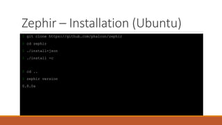 Zephir – Installation (Ubuntu)
$ git clone https://github.com/phalcon/zephir
$ cd zephir
$ ./install-json
$ ./install -c
$ cd ..
$ zephir version
0.8.0a
 