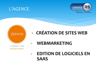 L’AGENCE




           - CRÉATION DE SITES WEB

           - WEBMARKETING

           - EDITION DE LOGICIELS EN
             SAAS
 