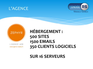 L’AGENCE




           HÉBERGEMENT :
           500 SITES
           1500 EMAILS
           350 CLIENTS LOGICIELS

           SUR 16 SERVEURS
 