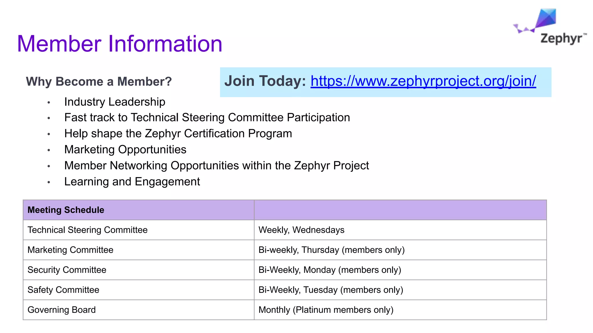 Member Information
Why Become a Member?
• Industry Leadership
• Fast track to Technical Steering Committee Participation
• Help shape the Zephyr Certification Program
• Marketing Opportunities
• Member Networking Opportunities within the Zephyr Project
• Learning and Engagement
Meeting Schedule
Technical Steering Committee Weekly, Wednesdays
Marketing Committee Bi-weekly, Thursday (members only)
Security Committee Bi-Weekly, Monday (members only)
Safety Committee Bi-Weekly, Tuesday (members only)
Governing Board Monthly (Platinum members only)
Join Today: https://www.zephyrproject.org/join/
 