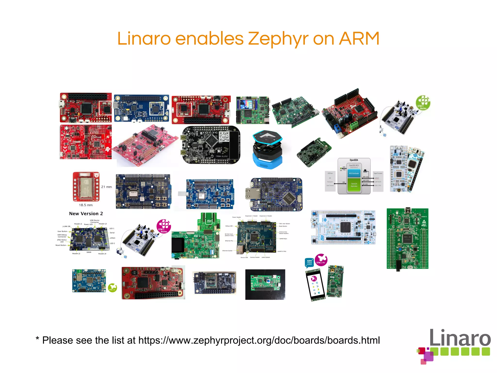 Linaro enables Zephyr on ARM
* Please see the list at https://www.zephyrproject.org/doc/boards/boards.html
 