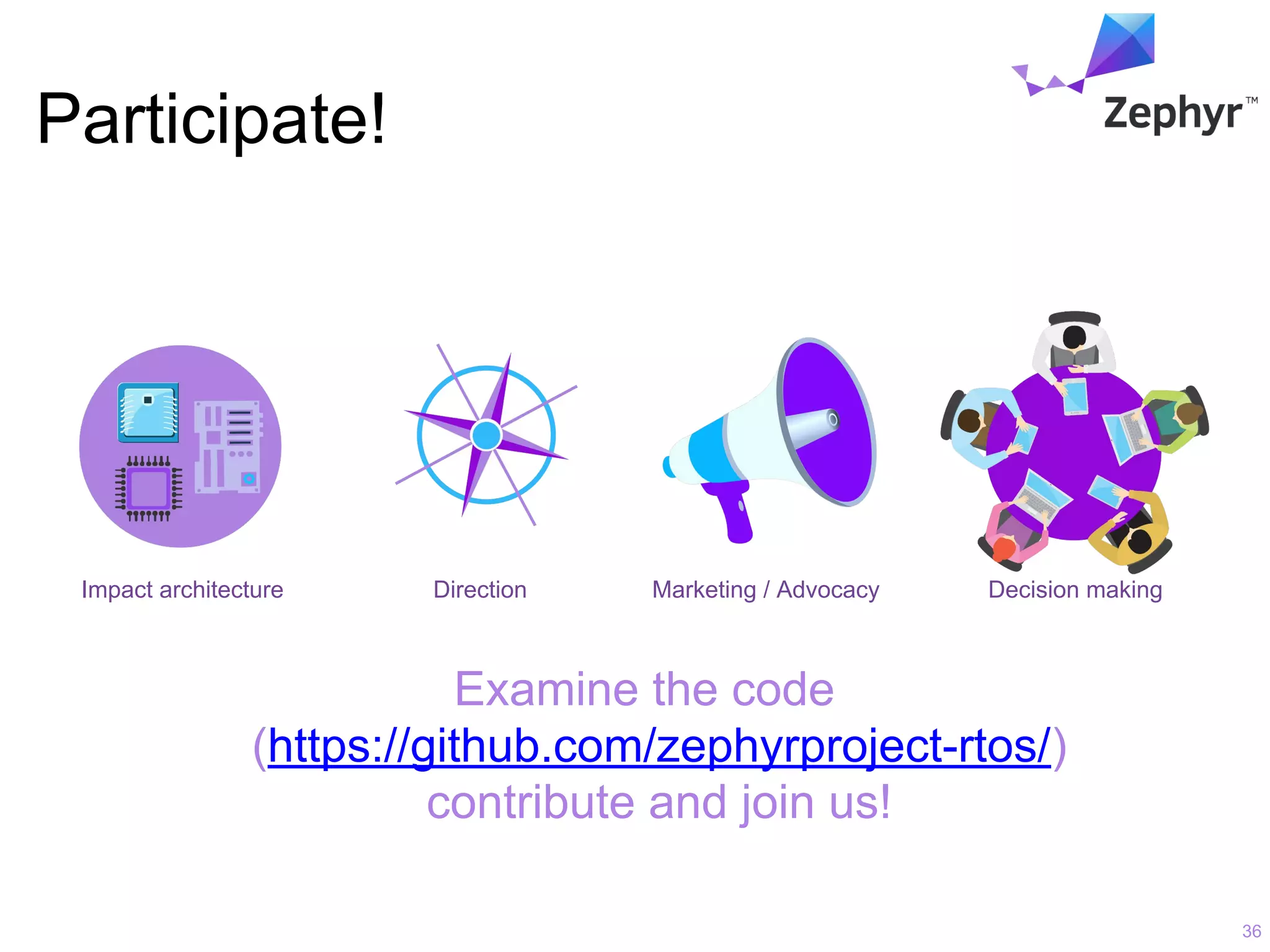 Participate!
36
Examine the code
(https://github.com/zephyrproject-rtos/)
contribute and join us!
Impact architecture Direction Marketing / Advocacy Decision making
 