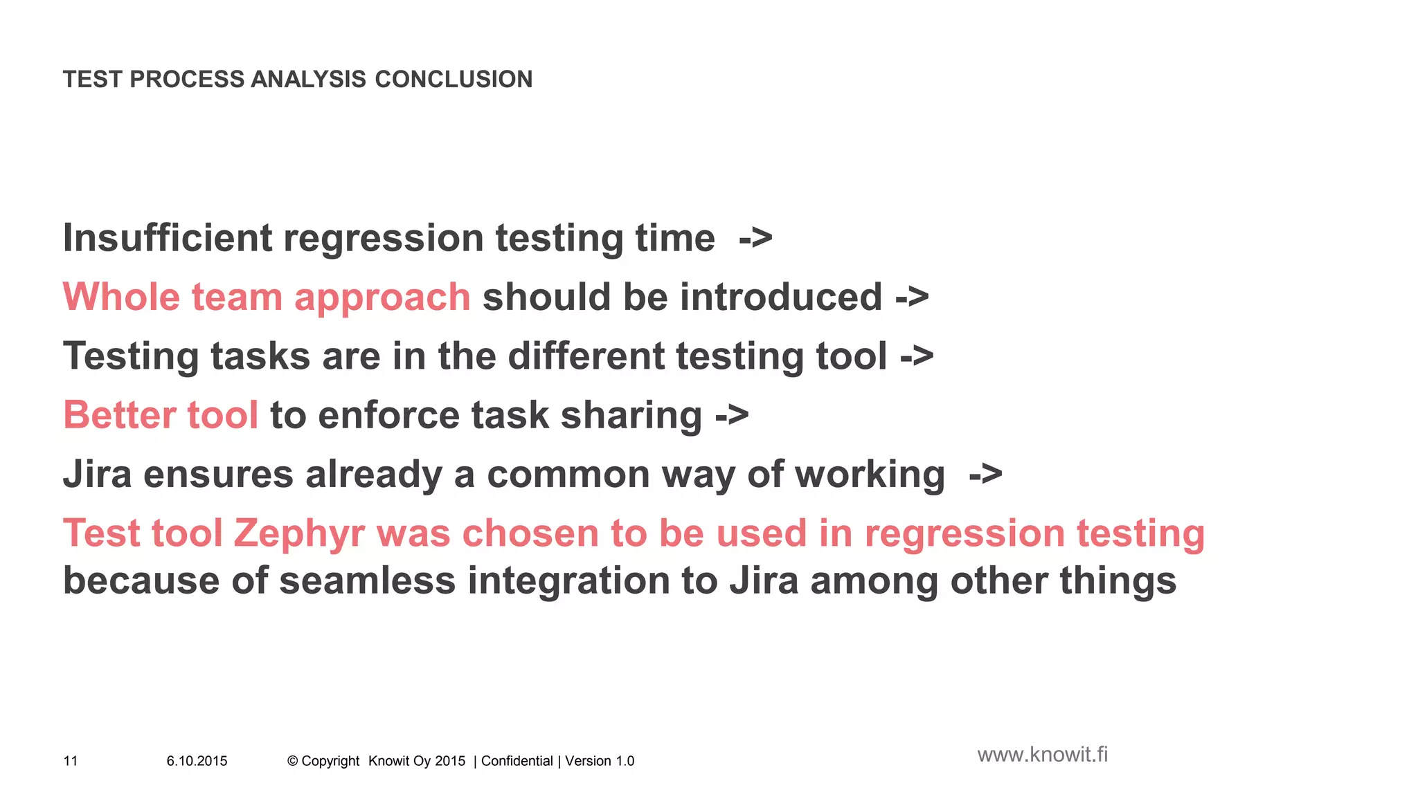 TEST PROCESS ANALYSIS CONCLUSION
Insufficient regression testing time ->
Whole team approach should be introduced ->
Testing tasks are in the different testing tool ->
Better tool to enforce task sharing ->
Jira ensures already a common way of working ->
Test tool Zephyr was chosen to be used in regression testing
because of seamless integration to Jira among other things
6.10.2015 © Copyright Knowit Oy 2015 | Confidential | Version 1.011 www.knowit.fi
 