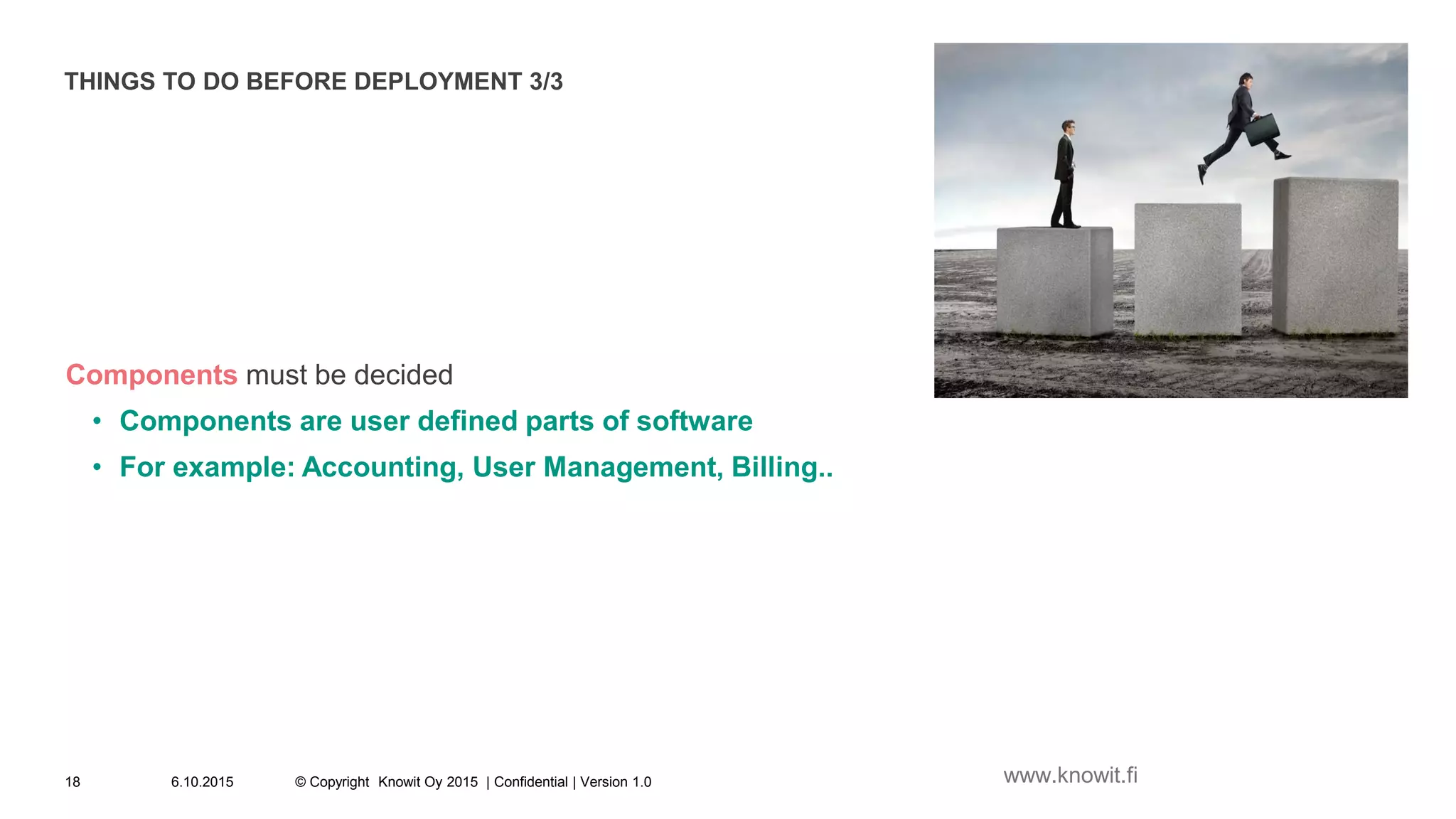 THINGS TO DO BEFORE DEPLOYMENT 3/3
Components must be decided
• Components are user defined parts of software
• For example: Accounting, User Management, Billing..
6.10.2015 © Copyright Knowit Oy 2015 | Confidential | Version 1.018 www.knowit.fi
 