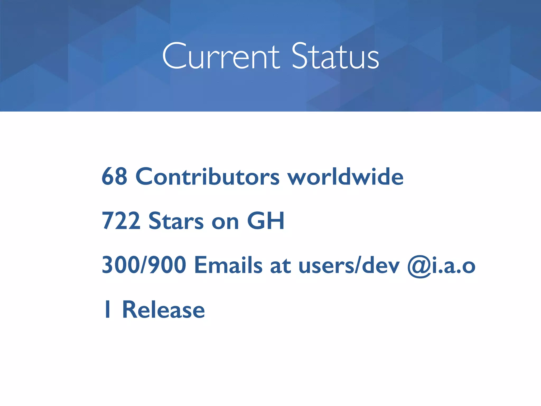 Current Status 1 Release 68 Contributors worldwide 722 Stars on GH 300/900 Emails at users/dev @i.a.o 
