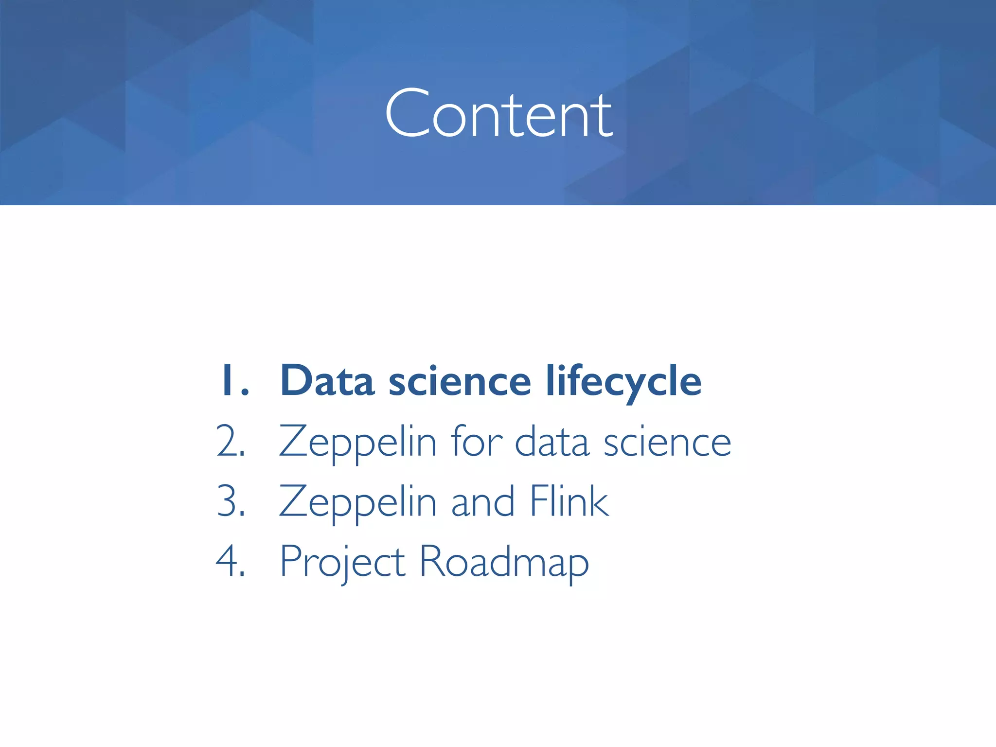 Content 1. Data science lifecycle 2. Zeppelin for data science 3. Zeppelin and Flink 4. Project Roadmap 
