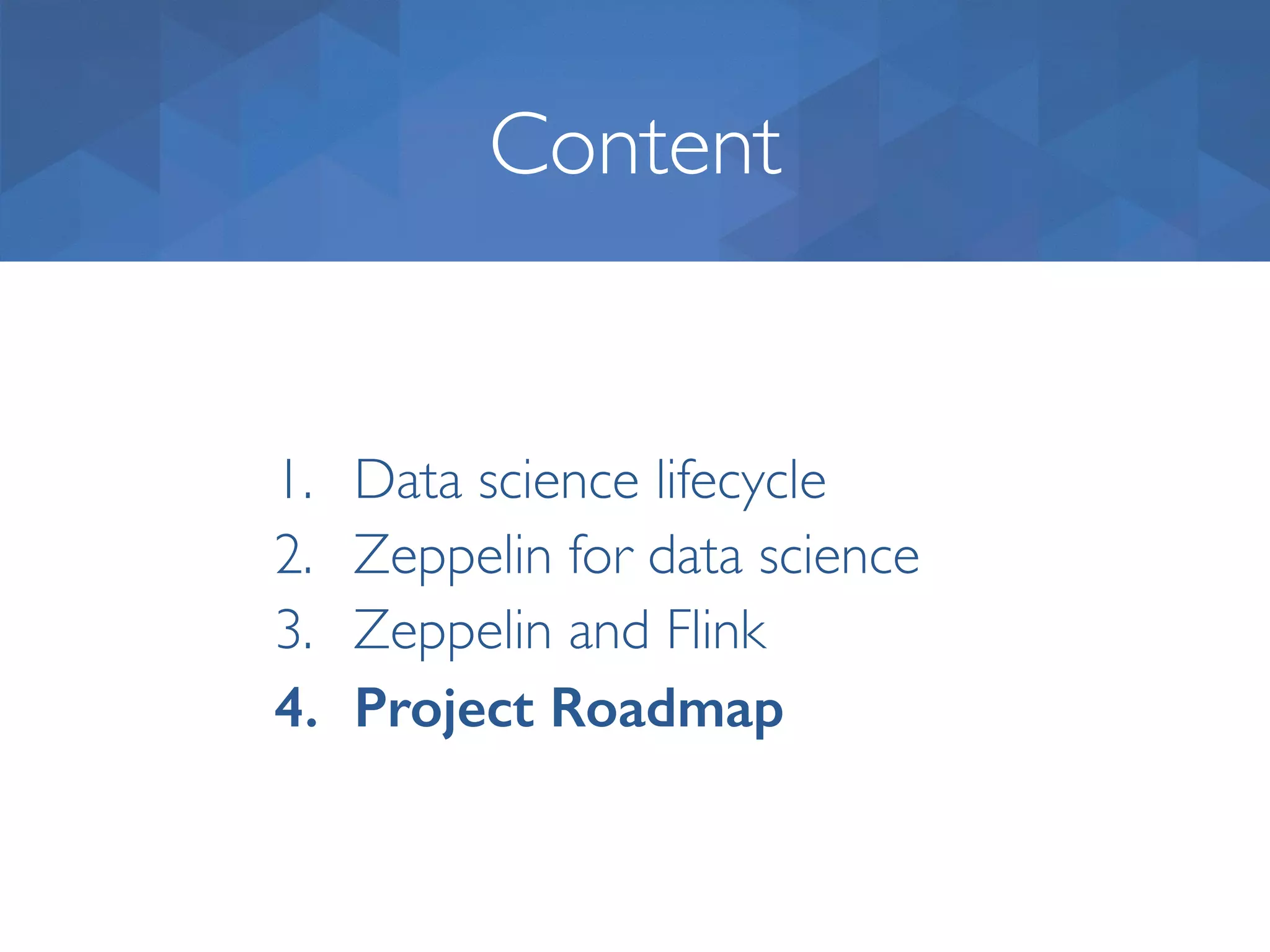 Content 1. Data science lifecycle 2. Zeppelin for data science 3. Zeppelin and Flink 4. Project Roadmap 