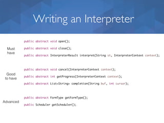 Writing an Interpreter
public abstract void open();
public abstract void close();
public abstract InterpreterResult interpret(String st, InterpreterContext context);
public abstract void cancel(InterpreterContext context);
public abstract int getProgress(InterpreterContext context);
public abstract List<String> completion(String buf, int cursor);
public abstract FormType getFormType();
public Scheduler getScheduler();
Must
have
Good
to have
Advanced
 
