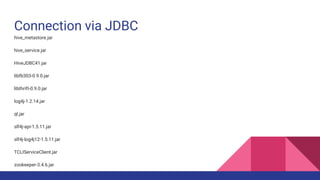 Connection via JDBC
hive_metastore.jar
hive_service.jar
HiveJDBC41.jar
libfb303-0.9.0.jar
libthrift-0.9.0.jar
log4j-1.2.14...