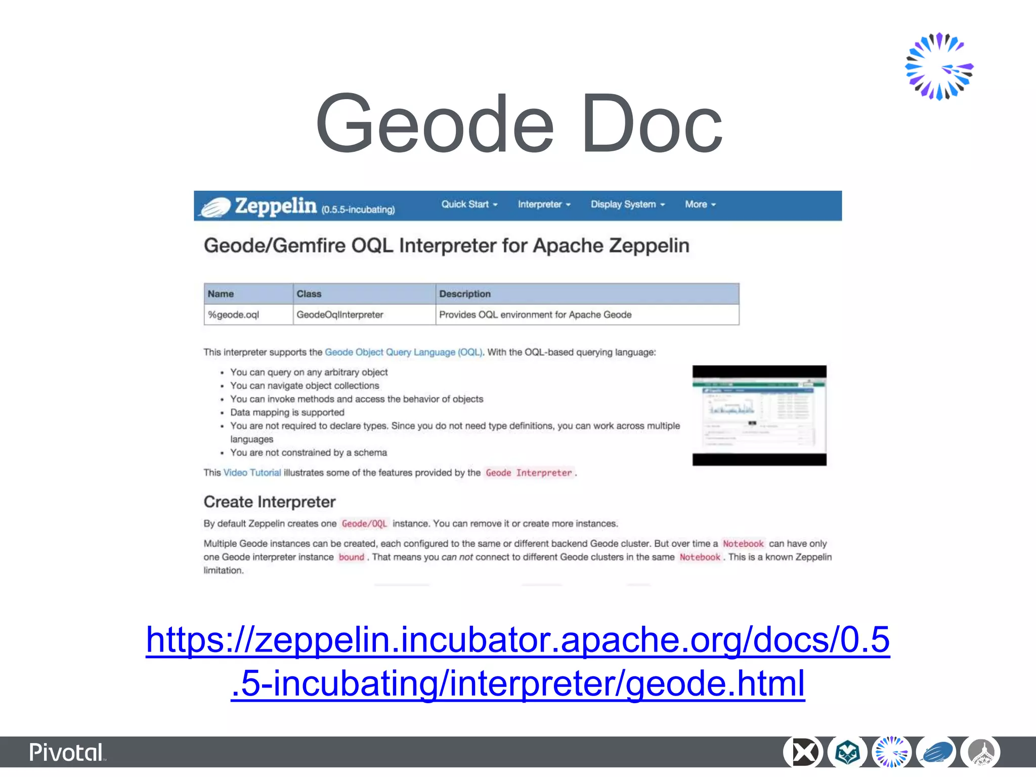 Geode Doc
https://zeppelin.incubator.apache.org/docs/0.5
.5-incubating/interpreter/geode.html
 
