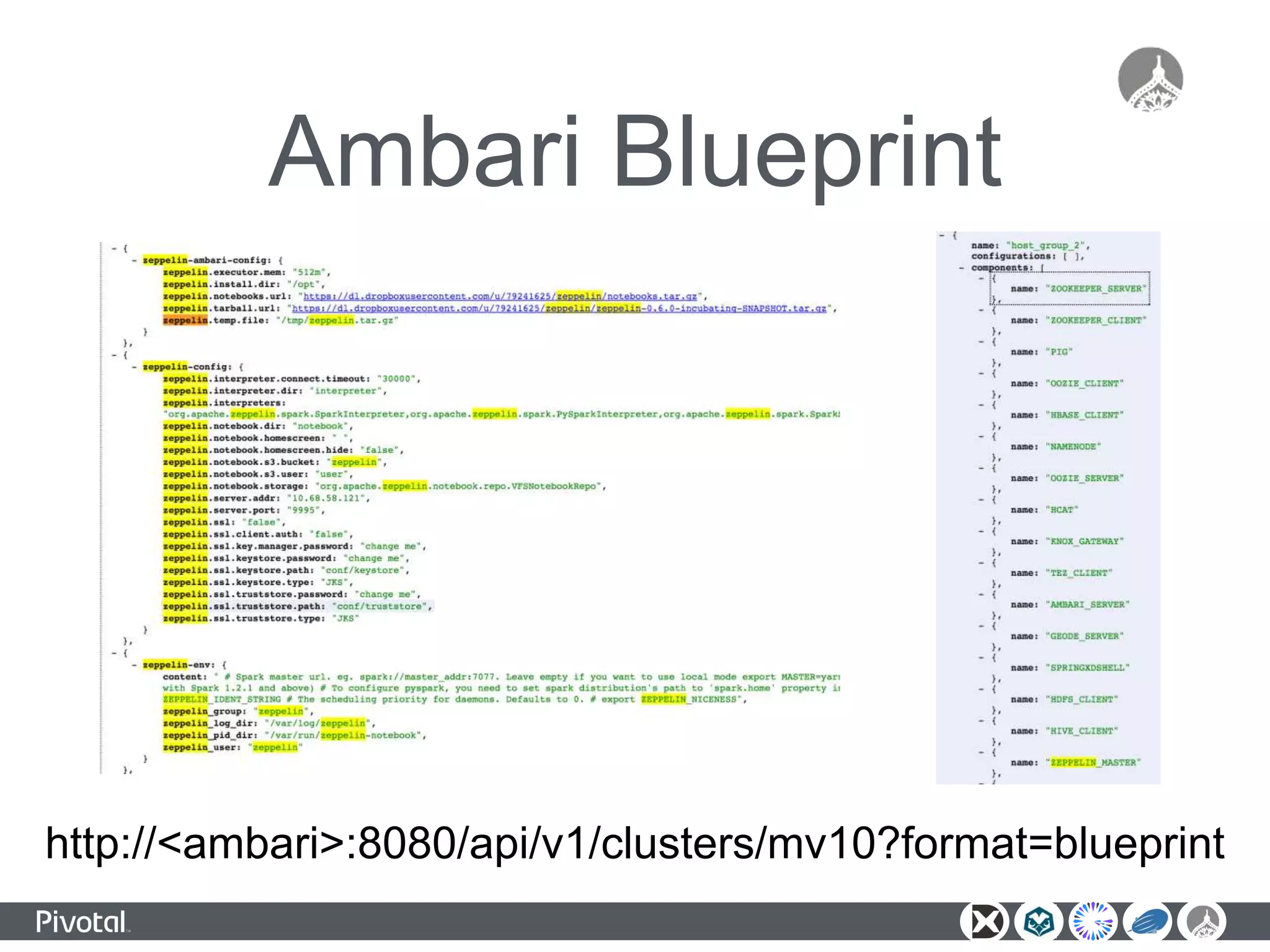 Ambari Blueprint
http://<ambari>:8080/api/v1/clusters/mv10?format=blueprint
 