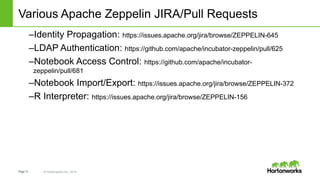 Page12 © Hortonworks Inc. 2014
Various Apache Zeppelin JIRA/Pull Requests
–Identity Propagation: https://issues.apache.org/jira/browse/ZEPPELIN-645
–LDAP Authentication: https://github.com/apache/incubator-zeppelin/pull/625
–Notebook Access Control: https://github.com/apache/incubator-
zeppelin/pull/681
–Notebook Import/Export: https://issues.apache.org/jira/browse/ZEPPELIN-372
–R Interpreter: https://issues.apache.org/jira/browse/ZEPPELIN-156
 