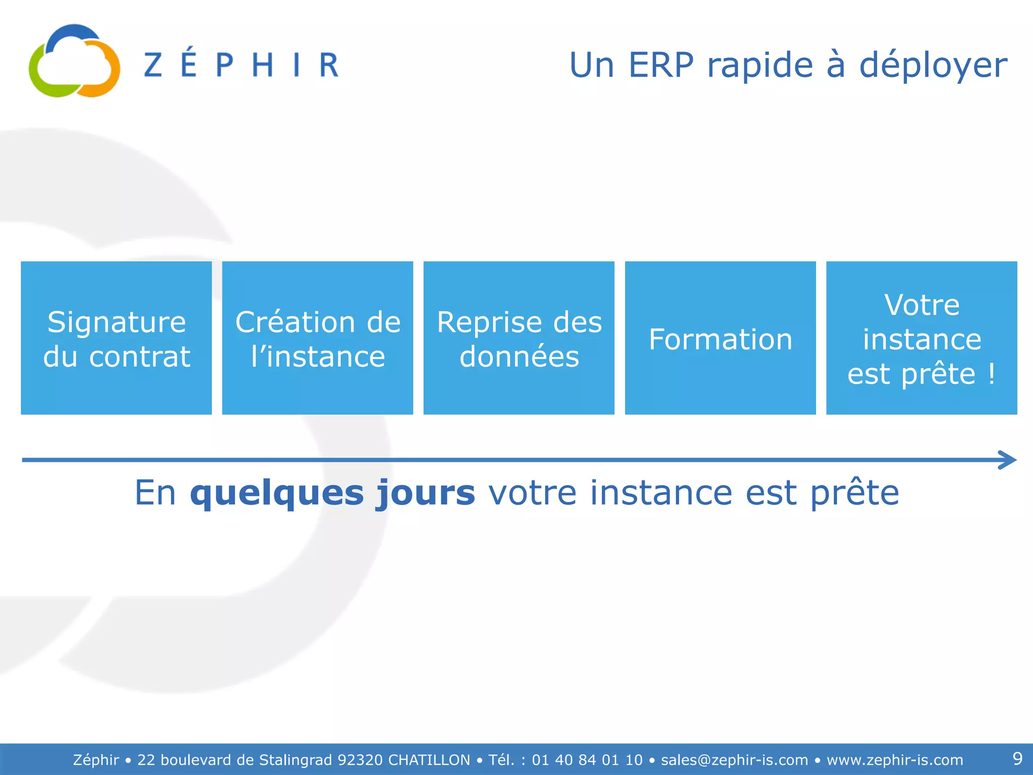 Zéphir • 22 boulevard de Stalingrad 92320 CHATILLON • Tél. : 01 40 84 01 10 • sales@zephir-is.com • www.zephir-is.com 9
Un ERP rapide à déployer
Signature
du contrat
Création de
l’instance
Reprise des
données
Formation
Votre
instance
est prête !
En quelques jours votre instance est prête
 