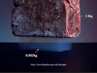 http://en.wikipedia.org/wiki/Aerogel
0.002kg
2.5kg
 