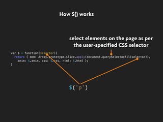 var $ = function(selector){
return { dom: Array.prototype.slice.apply(document.querySelectorAll(selector)),
anim: $.anim, css: $.css, html: $.html };
}
select elements on the page as per
the user-specified CSS selector
$('p')
How $() works
 