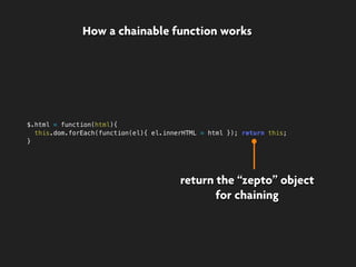return the “zepto” object
for chaining
How a chainable function works
$.html = function(html){
this.dom.forEach(function(el){ el.innerHTML = html }); return this;
}
 